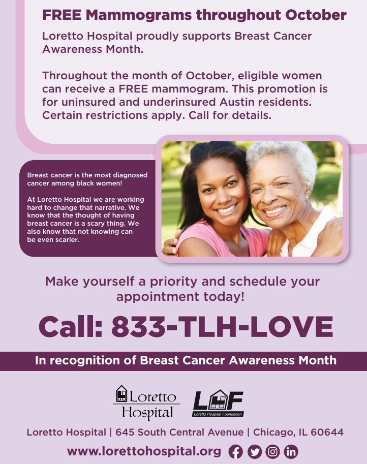 Free Mammograms in October. Call 833-THL-LOVE